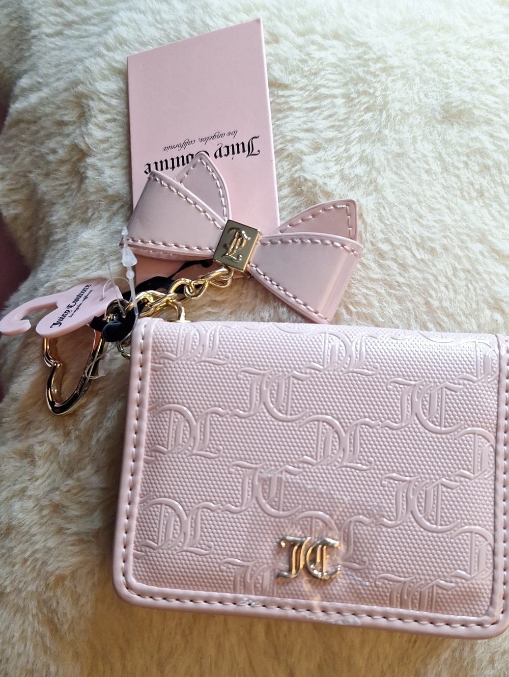 Juicy Couture Light Pink Embossed Card Case with Bow Key Charm